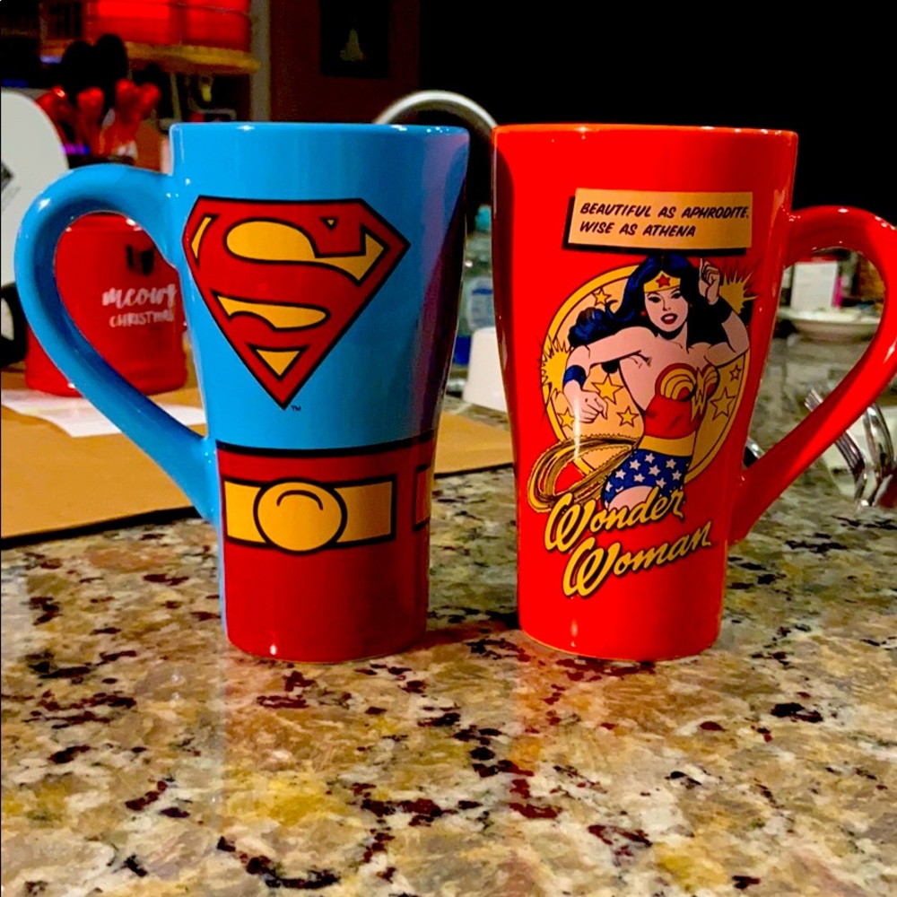 2 Tall Mugs Superman & Wonder Woman 6” tall